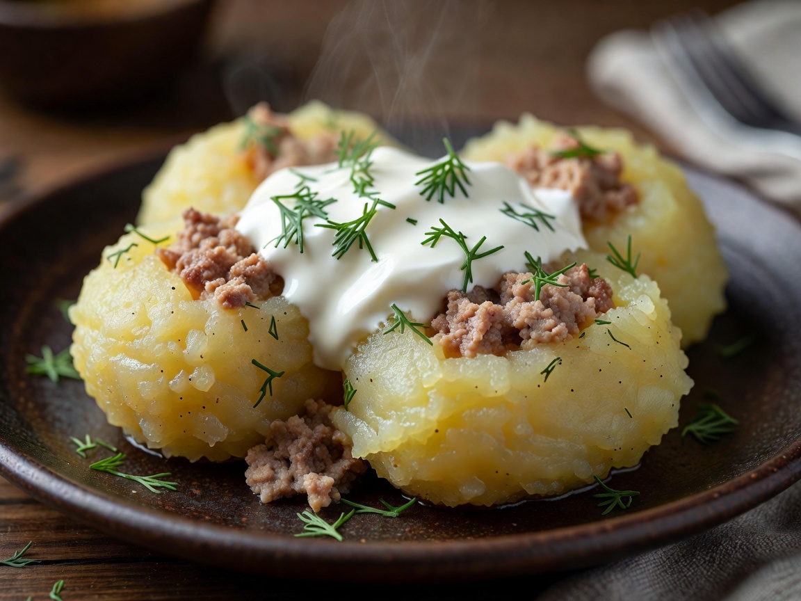 Cepelinai large potato dumplings filled with minced meat and topped with sour cream