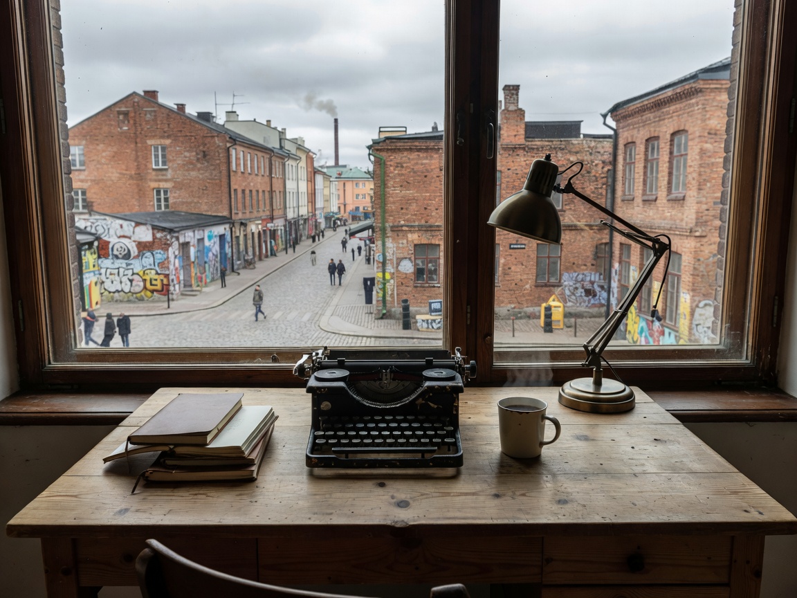 Editorial bureau desk overlooking Tallinn Telliskivi creative quarter
