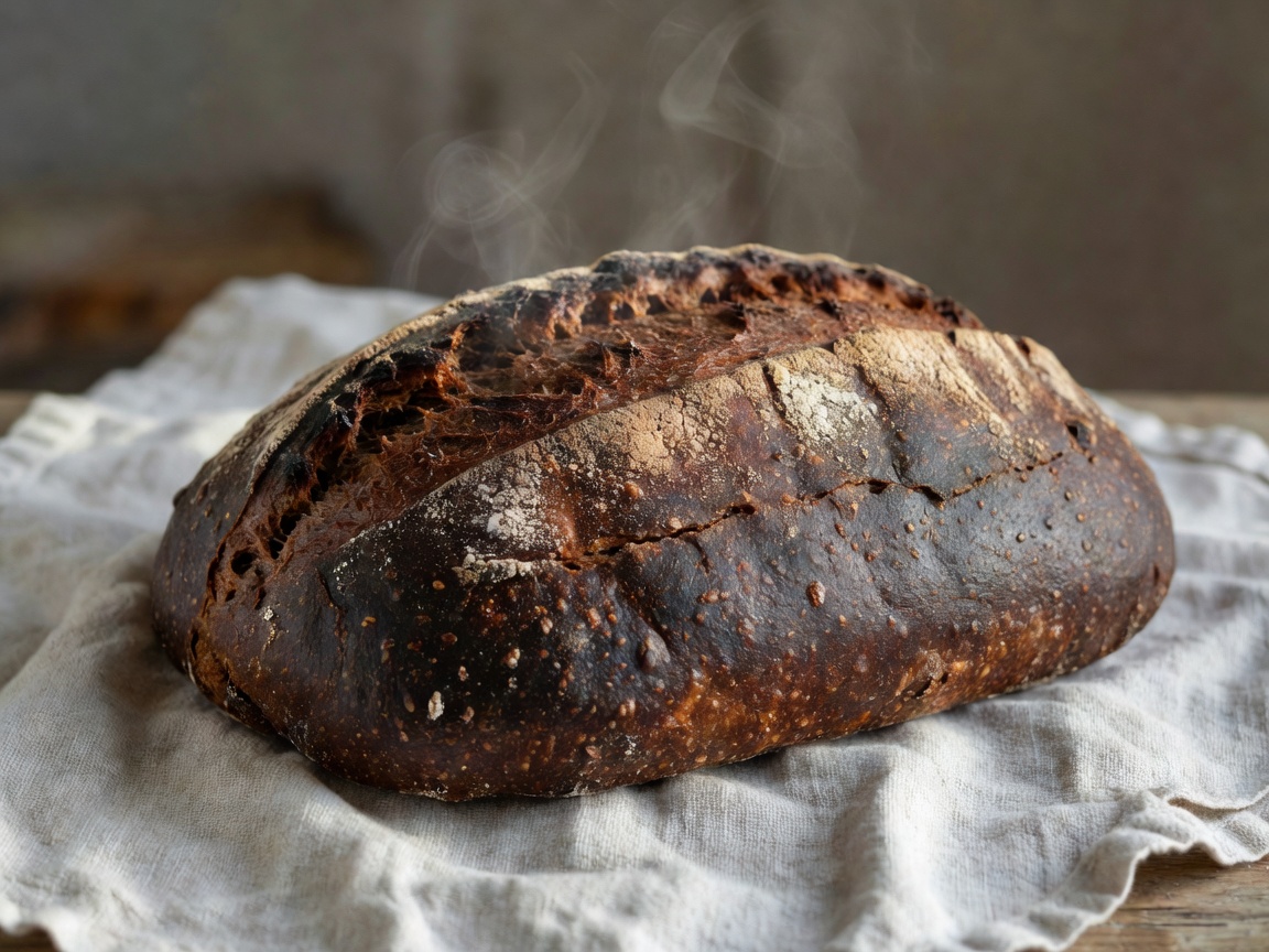 Freshly baked dark Baltic rye sourdough bread loaf on linen cloth