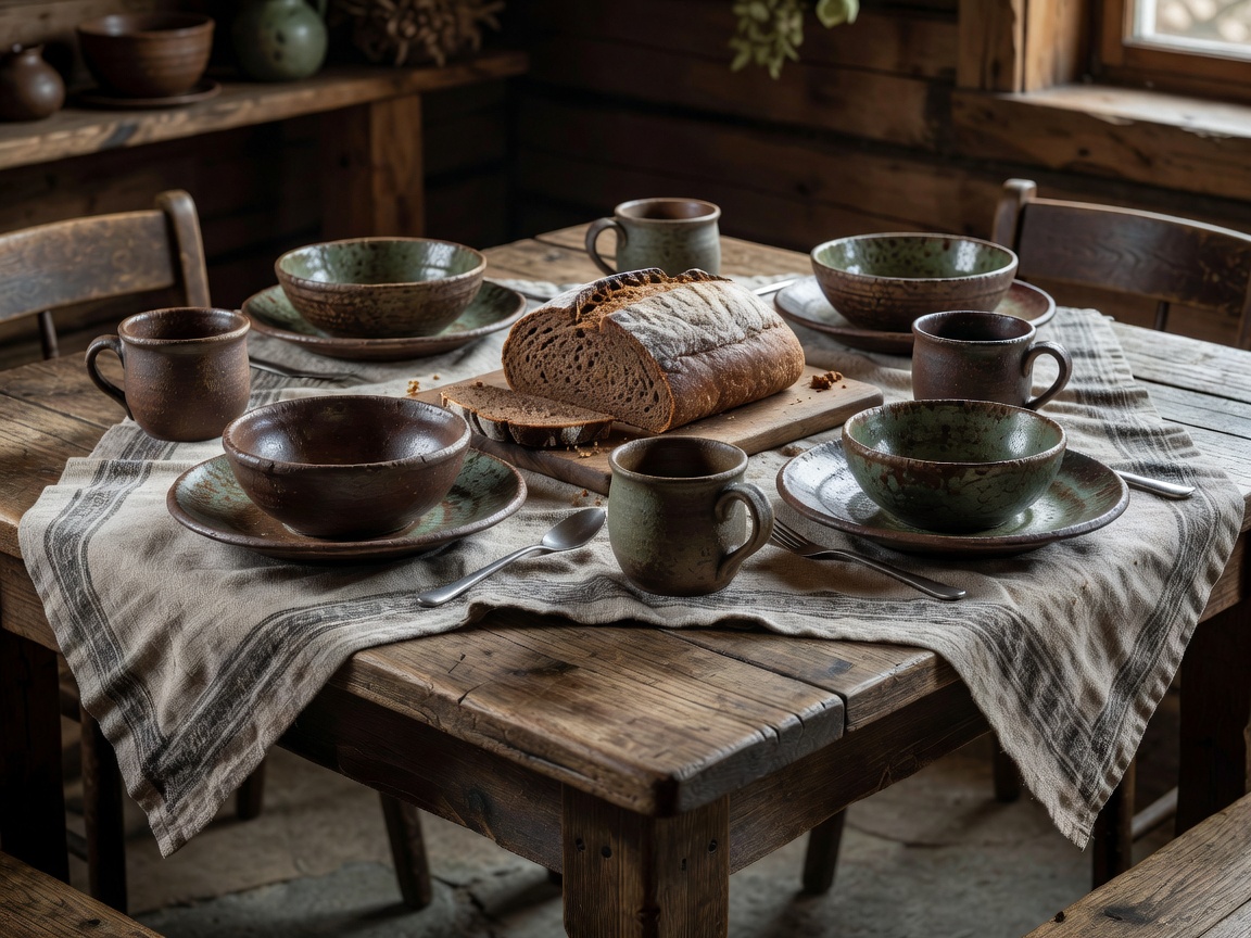 Latvian dining table with rustic ceramic tableware and rye bread
