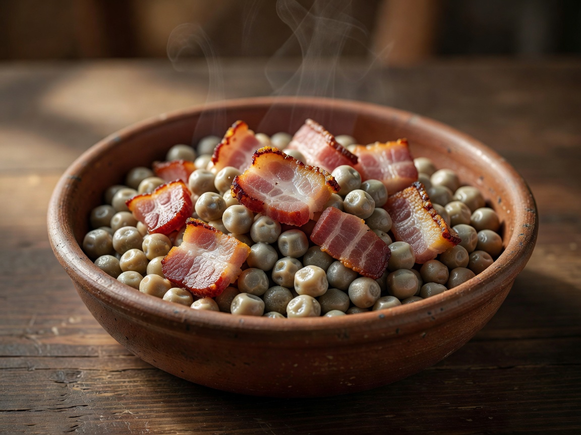 Latvian grey peas with smoked bacon speck in traditional clay bowl