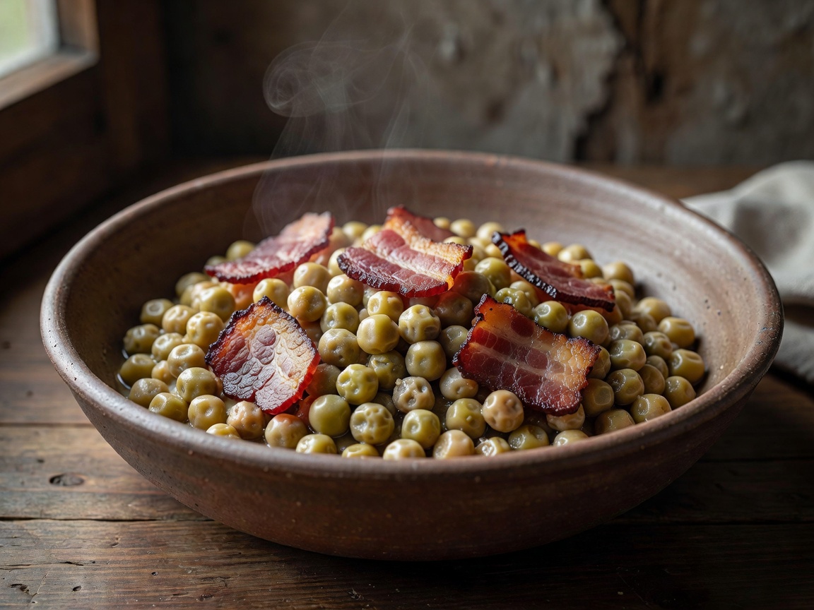 Latvian grey peas with smoked bacon speck served in traditional bowl