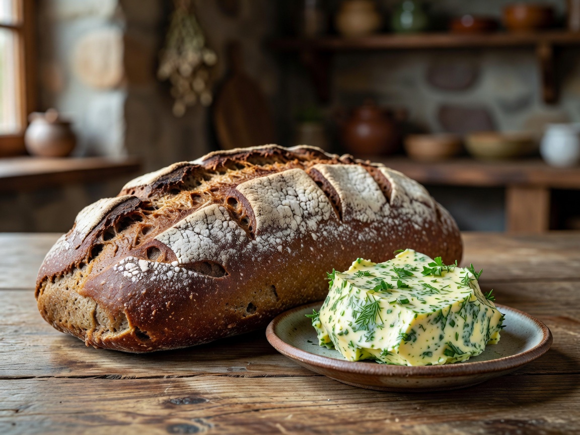 Lithuanian artisan rye bread loaf and fresh herbal farm butter