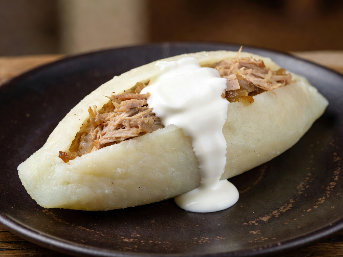 Lithuanian Cepelinai zeppelin potato dumpling with pork and sour cream