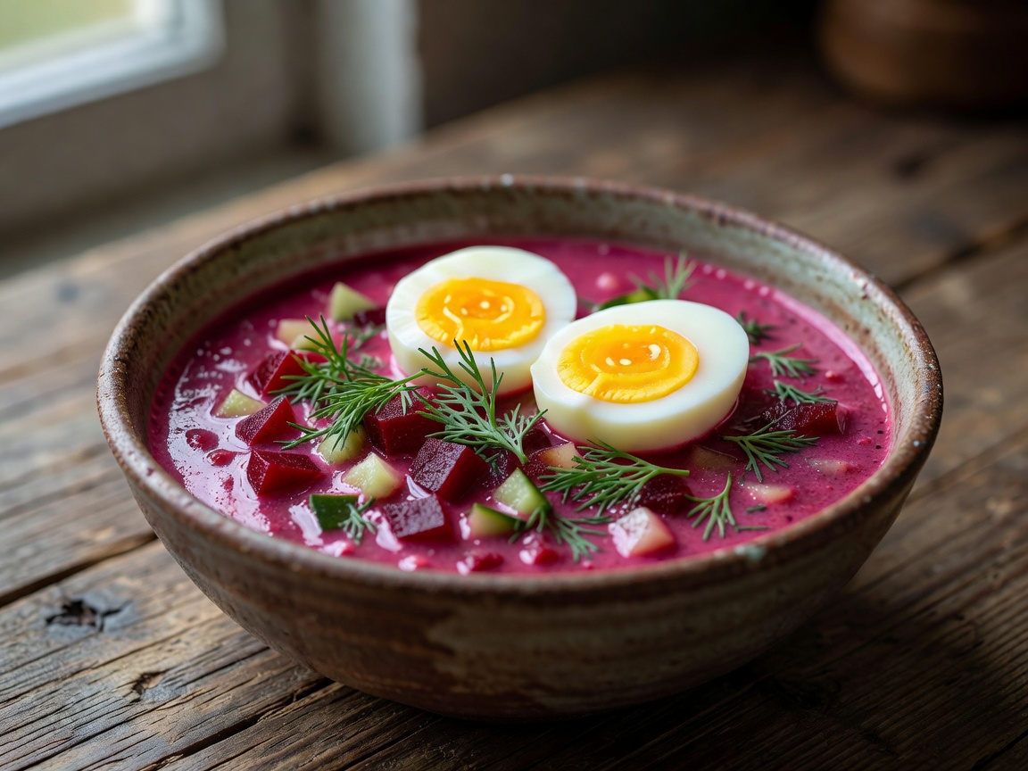 Lithuanian cold beet soup Saltibarsciai in a rustic ceramic bowl with hard-boiled egg