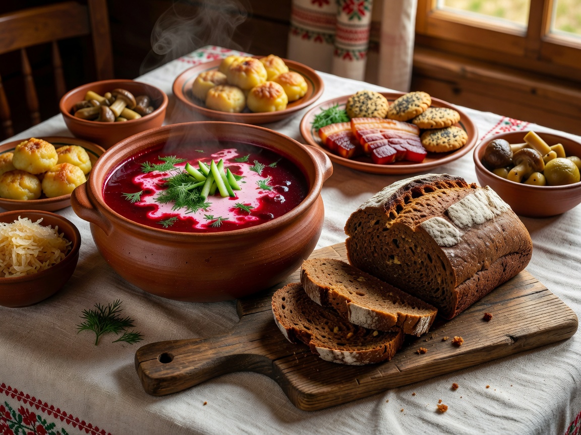 Lithuanian traditional culinary feast table with beetroot soup and dark rye bread