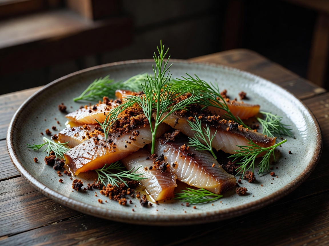 Plated Estonian culinary presentation with smoked fish, dill, and dark rye crumb