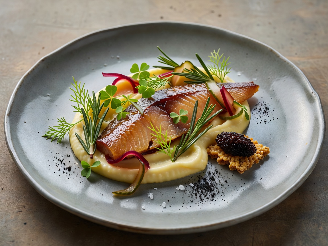 Plated modern Baltic culinary creation with forest herbs and smoked fish